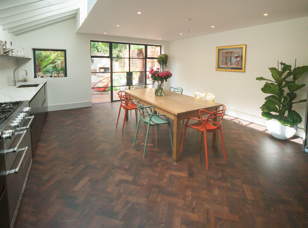 Panga Panga solid wood flooring laid in kitchen diner North London