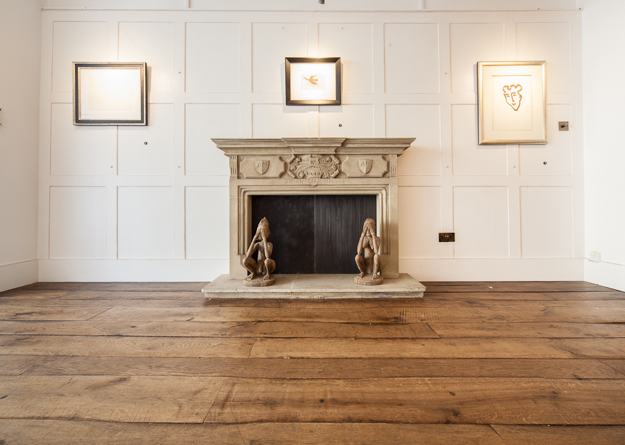 Full room view of reclaimed antique oak pit sawn flooring laid in art gallery in Oxford