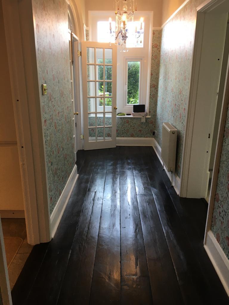 reclaimed pine scaffold board flooring dark stain finish